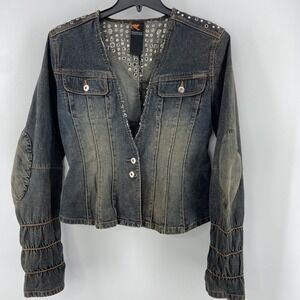 Parasuco Jean Jacket Women Large Denim‎ Blue Rivet Bling Distress Y2K Biker Rock